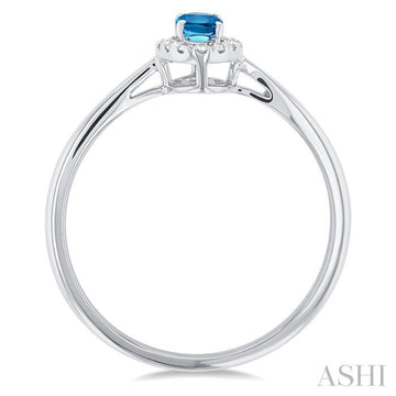 5x3 MM Oval Shape Blue Topaz and 1/20 Ctw Single Cut Diamond Halo Semi-Precious Ring in 10K White Gold